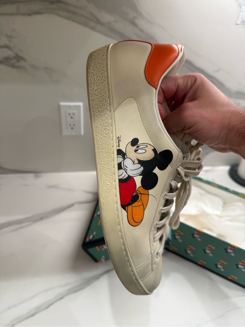 Gucci Cream Leather Mickey Mouse Low-Top Sneakers with Orange Heel